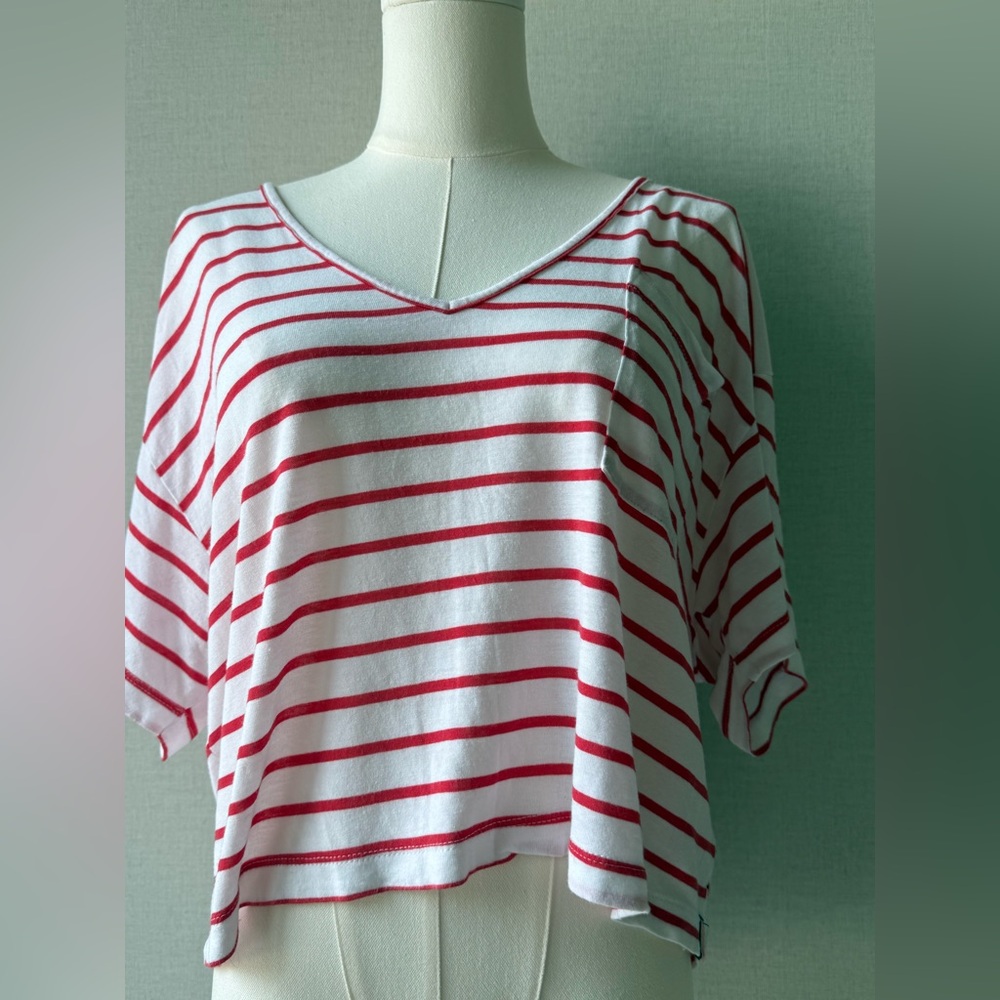 Sundry Red & White Striped V-Neck Short Sleeve Top